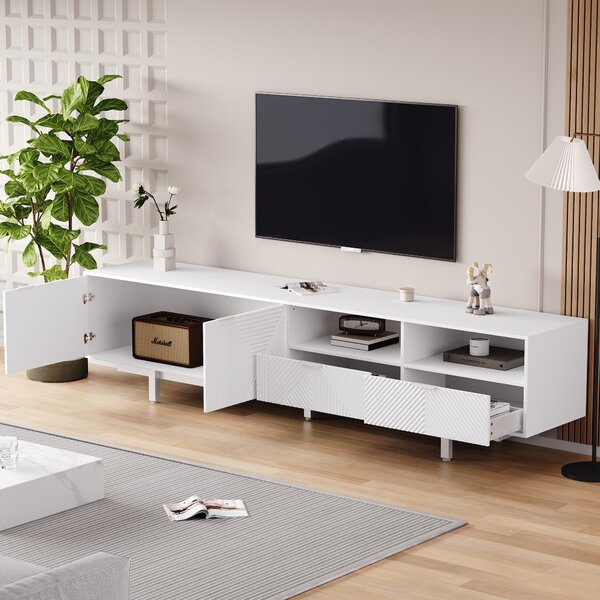Elegant Bohemian TV Entertainment Center with Cabinet and Drawers, Geometric Lines TV Stand for 90 Inch TVs, 200L x 40W x 51H cm, White Aosom UK