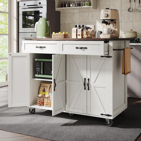 Farmhouse Style Kitchen Island Trolley with Adjustable Shelf, Easy Assembly, Perfect for Kitchen, Living Room, 140L x 73W x 90.5H cm, White Aosom.UK
