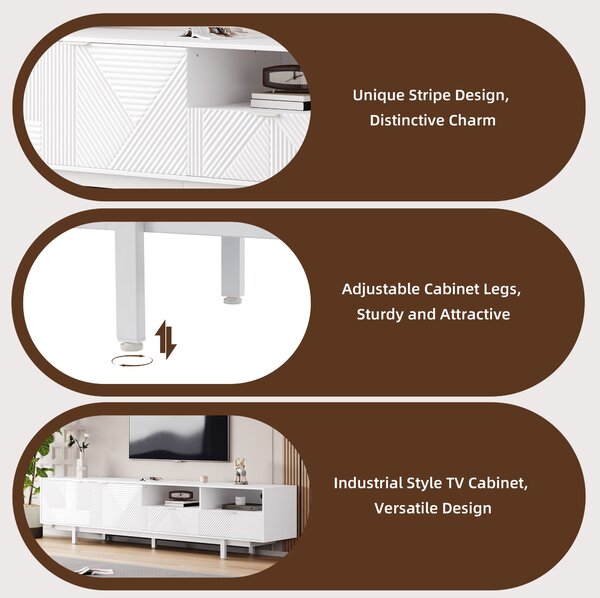 Elegant Bohemian TV Entertainment Center with Cabinet and Drawers, Geometric Lines TV Stand for 90 Inch TVs, 200L x 40W x 51H cm, White Aosom UK