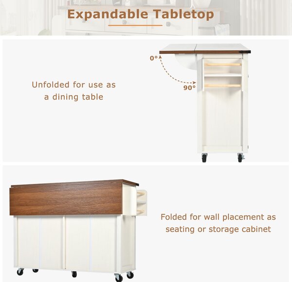 Farmhouse Style Kitchen Island Trolley with Adjustable Shelf, Easy Assembly, Perfect for Kitchen, Living Room, 140L x 73W x 90.5H cm, White Aosom.UK