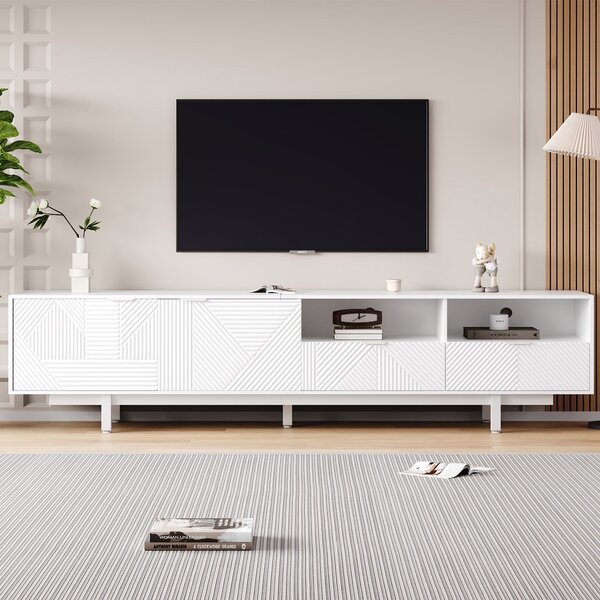 Elegant Bohemian TV Entertainment Center with Cabinet and Drawers, Geometric Lines TV Stand for 90 Inch TVs, 200L x 40W x 51H cm, White Aosom UK