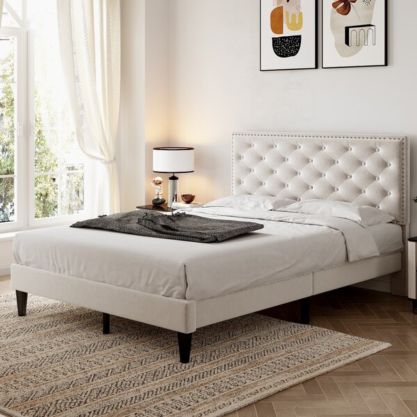 Upholstered Velvet Bedstead with Button-Tufted Headboard, Noise-Free Design, Wood Double Bed for Bedroom, 193L x 141W x 110H cm, Beige Aosom.UK