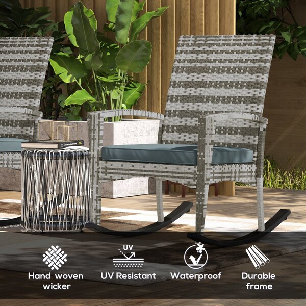 Outsunny Outdoor PE Rattan Rocking Chair Set of 2, Garden Rocking Chair Set with Armrest and Cushion, Light Grey Aosom UK