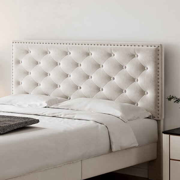 Upholstered Velvet Bedstead with Button-Tufted Headboard, Noise-Free Design, Wood Double Bed for Bedroom, 193L x 141W x 110H cm, Beige Aosom.UK