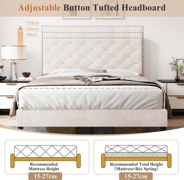 Upholstered Velvet Bedstead with Button-Tufted Headboard, Noise-Free Design, Wood Double Bed for Bedroom, 193L x 141W x 110H cm, Beige Aosom.UK