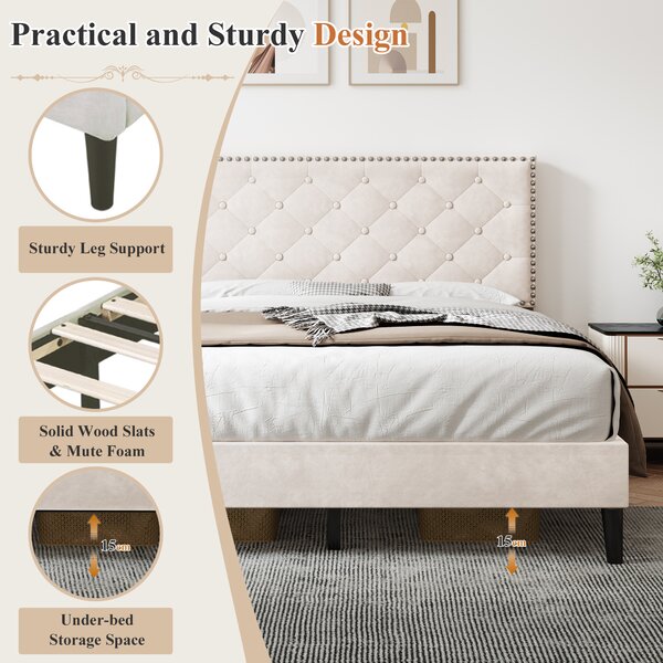 Upholstered Velvet Bedstead with Button-Tufted Headboard, Noise-Free Design, Wood Double Bed for Bedroom, 193L x 141W x 110H cm, Beige Aosom.UK