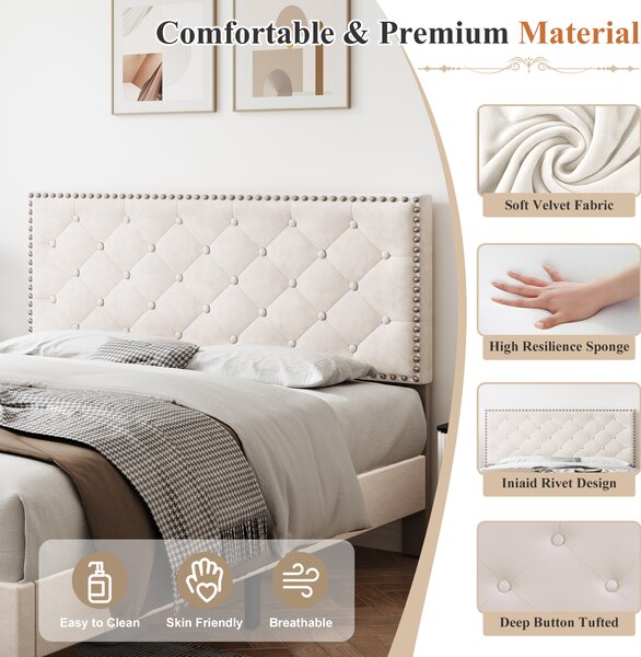Upholstered Velvet Bedstead with Button-Tufted Headboard, Noise-Free Design, Wood Double Bed for Bedroom, 193L x 141W x 110H cm, Beige Aosom.UK