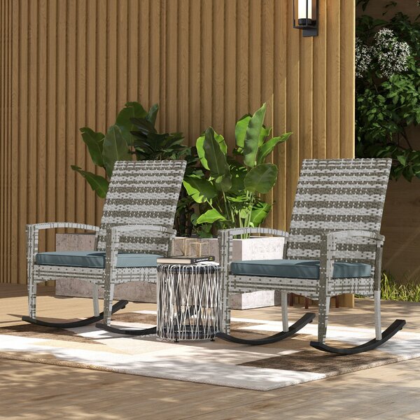 Outsunny Outdoor PE Rattan Rocking Chair Set of 2, Garden Rocking Chair Set with Armrest and Cushion, Light Grey Aosom UK
