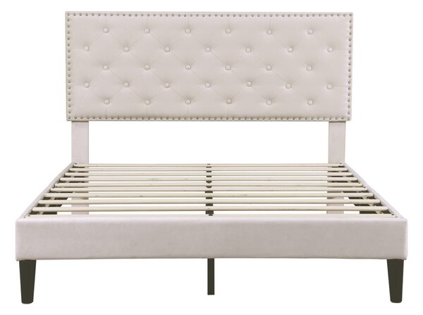 Upholstered Velvet Bedstead with Button-Tufted Headboard, Noise-Free Design, Wood Double Bed for Bedroom, 193L x 141W x 110H cm, Beige Aosom.UK