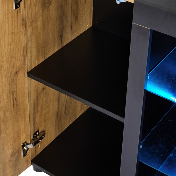 Versatile Storage Cabinet with 3 Drawers, Smart LED Lighting, Sideboard with Adjustable Glass Shelves, 140L x 40W x 80H cm, Black+Brown Aosom UK