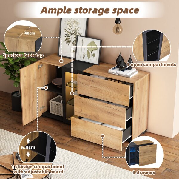 Versatile Storage Cabinet with 3 Drawers, Smart LED Lighting, Sideboard with Adjustable Glass Shelves, 140L x 40W x 80H cm, Black+Brown Aosom UK
