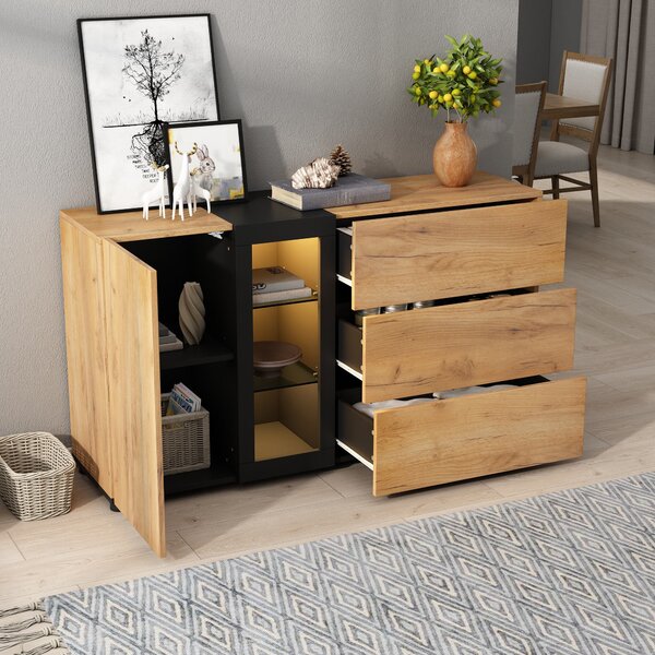 Versatile Storage Cabinet with 3 Drawers, Smart LED Lighting, Sideboard with Adjustable Glass Shelves, 140L x 40W x 80H cm, Black+Brown Aosom UK