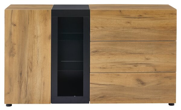 Versatile Storage Cabinet with 3 Drawers, Smart LED Lighting, Sideboard with Adjustable Glass Shelves, 140L x 40W x 80H cm, Black+Brown Aosom UK