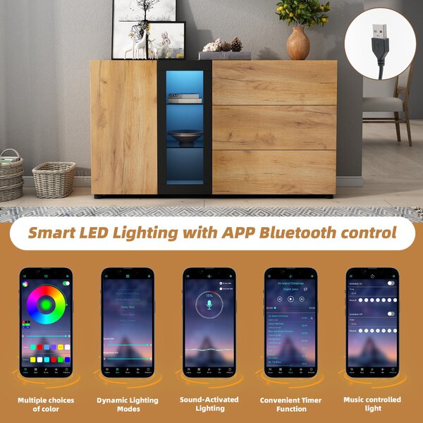 Versatile Storage Cabinet with 3 Drawers, Smart LED Lighting, Sideboard with Adjustable Glass Shelves, 140L x 40W x 80H cm, Black+Brown Aosom UK