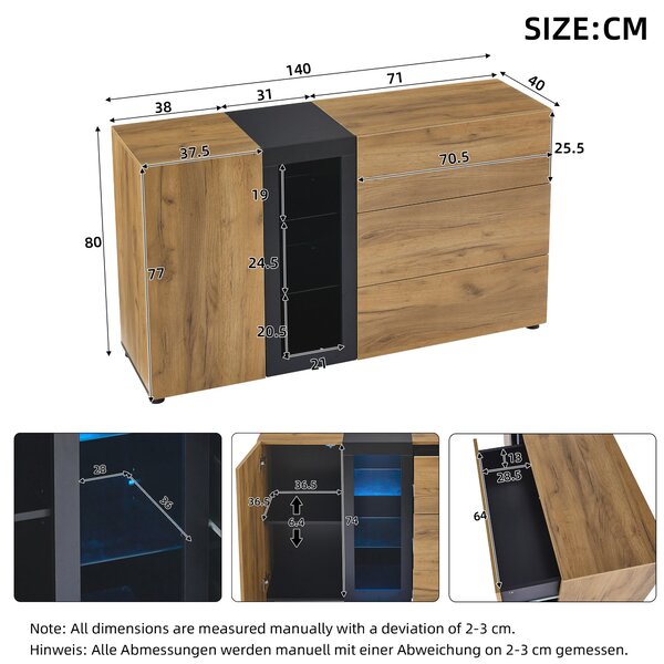 Versatile Storage Cabinet with 3 Drawers, Smart LED Lighting, Sideboard with Adjustable Glass Shelves, 140L x 40W x 80H cm, Black+Brown Aosom UK