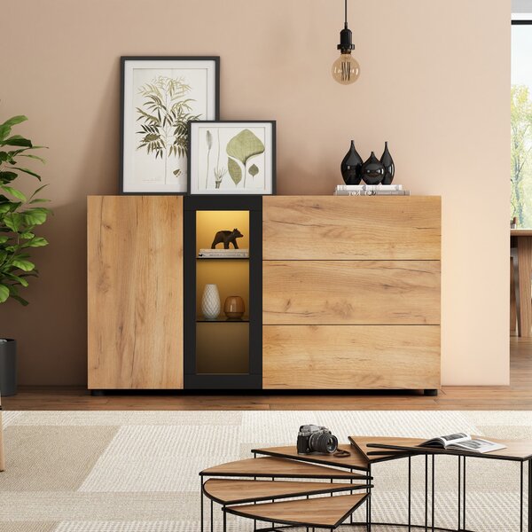 Versatile Storage Cabinet with 3 Drawers, Smart LED Lighting, Sideboard with Adjustable Glass Shelves, 140L x 40W x 80H cm, Black+Brown Aosom UK
