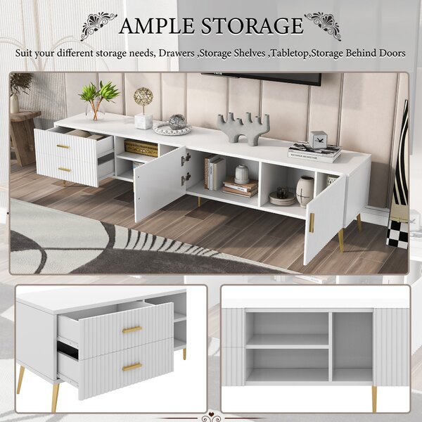 Modern TV Units with Storage for 75-Inch Televisions, MDF Construction, Metal Legs, Corner TV Stand for Living Room, 180x35x41 cm, White Aosom.UK