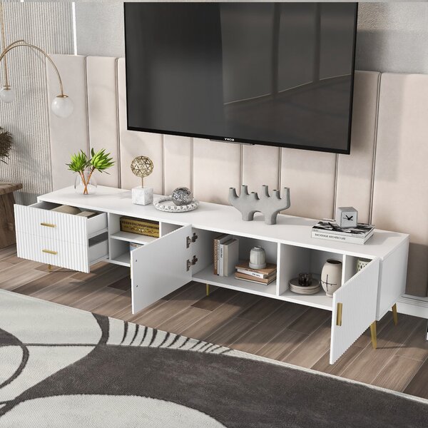 Modern TV Units with Storage for 75-Inch Televisions, MDF Construction, Metal Legs, Corner TV Stand for Living Room, 180x35x41 cm, White Aosom.UK