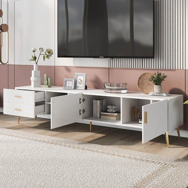 Modern TV Units with Storage for 75-Inch Televisions, MDF Construction, Metal Legs, Corner TV Stand for Living Room, 180x35x41 cm, White Aosom.UK