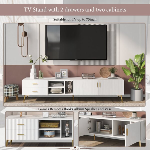 Modern TV Units with Storage for 75-Inch Televisions, MDF Construction, Metal Legs, Corner TV Stand for Living Room, 180x35x41 cm, White Aosom.UK