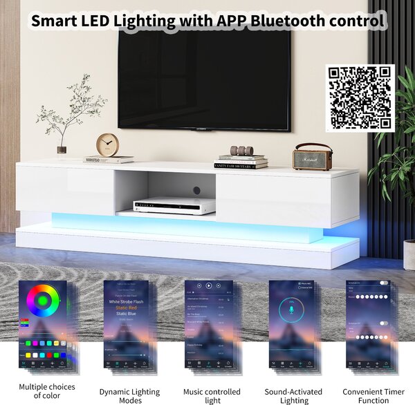 TV Table with 16-color LED Lights & 4 Dynamic Modes, Media Unit in White with High Gloss Front Panel & 2 Drawers, Up to 79ft TV Size Aosom UK