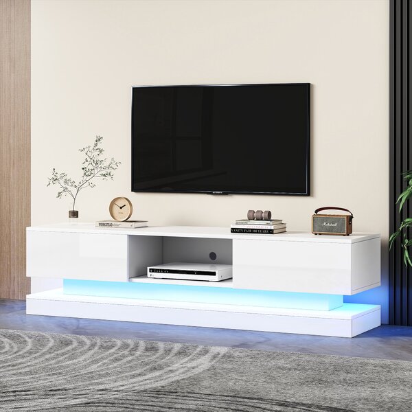 TV Table with 16-color LED Lights & 4 Dynamic Modes, Media Unit in White with High Gloss Front Panel & 2 Drawers, Up to 79ft TV Size Aosom UK
