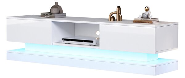 TV Table with 16-color LED Lights & 4 Dynamic Modes, Media Unit in White with High Gloss Front Panel & 2 Drawers, Up to 79ft TV Size Aosom UK