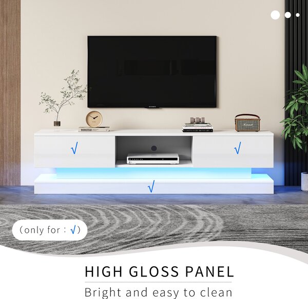 TV Table with 16-color LED Lights & 4 Dynamic Modes, Media Unit in White with High Gloss Front Panel & 2 Drawers, Up to 79ft TV Size Aosom UK