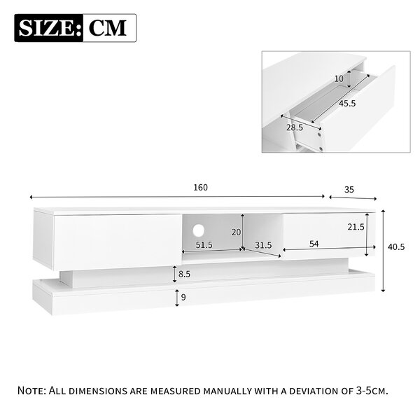 TV Table with 16-color LED Lights & 4 Dynamic Modes, Media Unit in White with High Gloss Front Panel & 2 Drawers, Up to 79ft TV Size Aosom UK