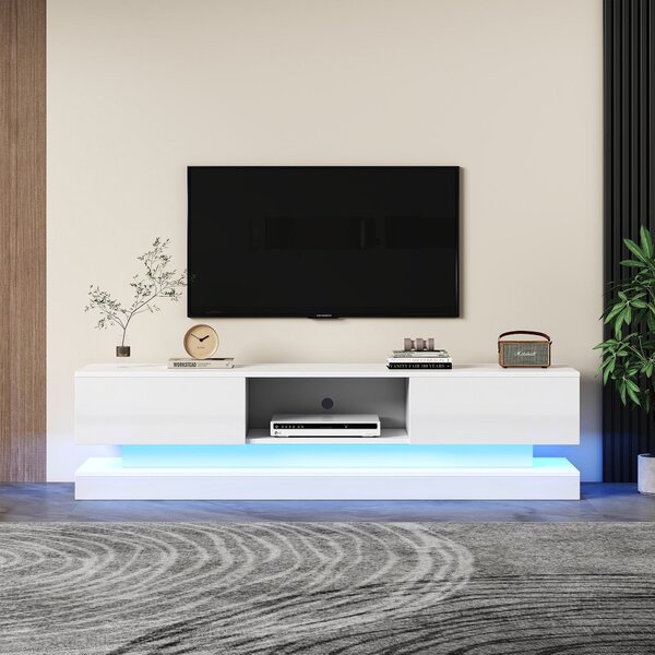 TV Table with 16-color LED Lights & 4 Dynamic Modes, Media Unit in White with High Gloss Front Panel & 2 Drawers, Up to 79ft TV Size Aosom UK