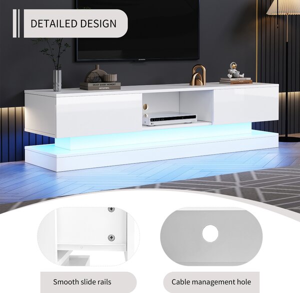 TV Table with 16-color LED Lights & 4 Dynamic Modes, Media Unit in White with High Gloss Front Panel & 2 Drawers, Up to 79ft TV Size Aosom UK
