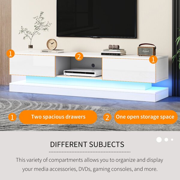 TV Table with 16-color LED Lights & 4 Dynamic Modes, Media Unit in White with High Gloss Front Panel & 2 Drawers, Up to 79ft TV Size Aosom UK