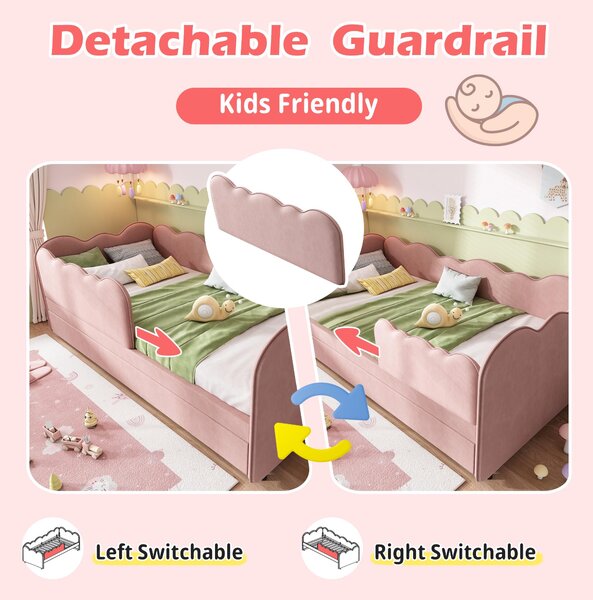 Upholstered Daybed with Pull-Out Trundle, Iron Frame and 2 U‑Shaped Bars, Bed Frame with Thick Foam Backrest, 197L x 99W x 70H cm, Pink Aosom UK