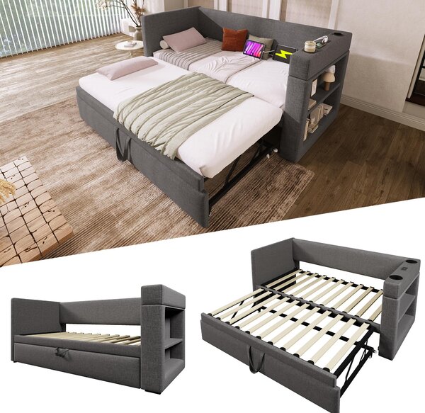 Upholstered Daybed with Pull-out Trundle and Built-in Cup Holders, Bed Frame with Armrests and Side Storage, 207L x 98W x 74H cm, Grey Aosom UK