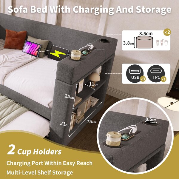 Upholstered Daybed with Pull-out Trundle and Built-in Cup Holders, Bed Frame with Armrests and Side Storage, 207L x 98W x 74H cm, Grey Aosom UK