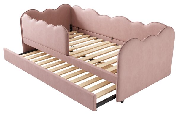 Upholstered Daybed with Pull-Out Trundle, Iron Frame and 2 U‑Shaped Bars, Bed Frame with Thick Foam Backrest, 197L x 99W x 70H cm, Pink Aosom UK