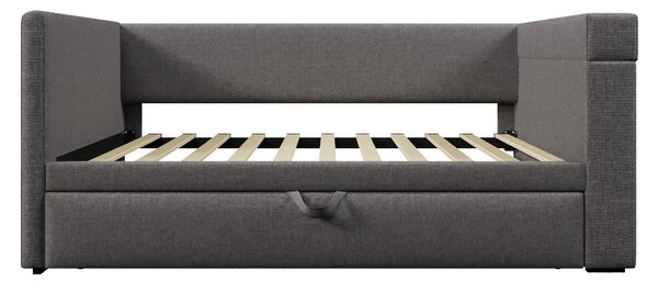 Upholstered Daybed with Pull-out Trundle and Built-in Cup Holders, Bed Frame with Armrests and Side Storage, 207L x 98W x 74H cm, Grey Aosom UK
