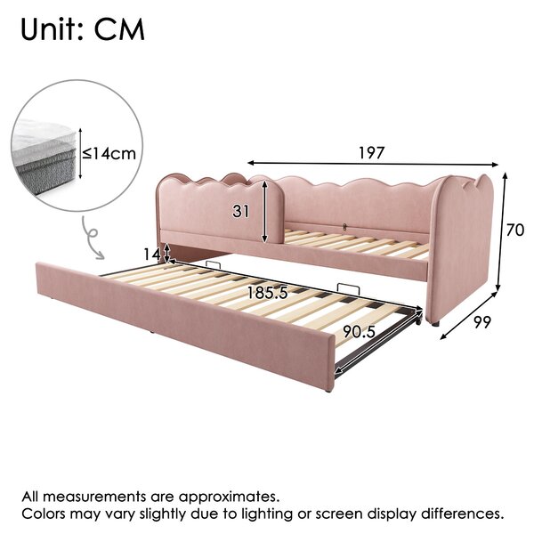 Upholstered Daybed with Pull-Out Trundle, Iron Frame and 2 U‑Shaped Bars, Bed Frame with Thick Foam Backrest, 197L x 99W x 70H cm, Pink Aosom UK