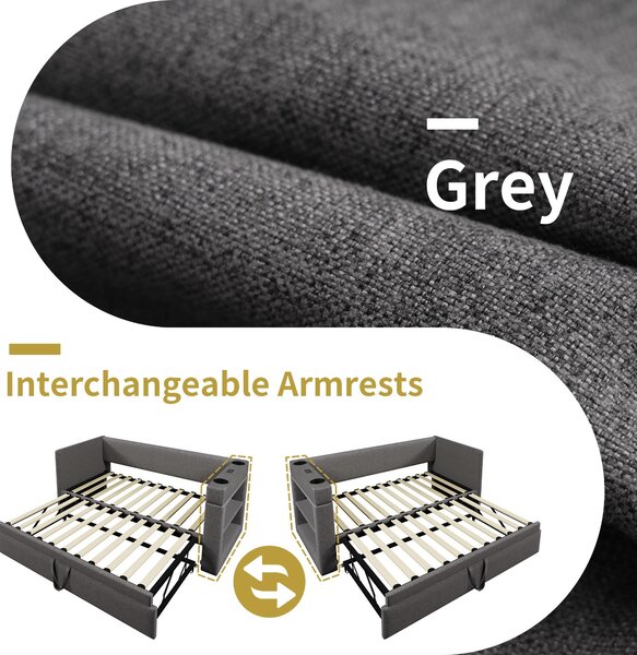 Upholstered Daybed with Pull-out Trundle and Built-in Cup Holders, Bed Frame with Armrests and Side Storage, 207L x 98W x 74H cm, Grey Aosom UK