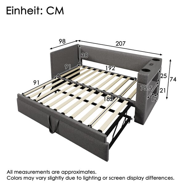 Upholstered Daybed with Pull-out Trundle and Built-in Cup Holders, Bed Frame with Armrests and Side Storage, 207L x 98W x 74H cm, Grey Aosom UK