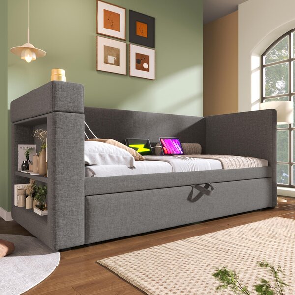 Upholstered Daybed with Pull-out Trundle and Built-in Cup Holders, Bed Frame with Armrests and Side Storage, 207L x 98W x 74H cm, Grey Aosom UK