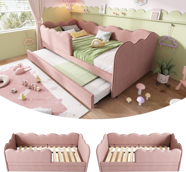 Upholstered Daybed with Pull-Out Trundle, Iron Frame and 2 U‑Shaped Bars, Bed Frame with Thick Foam Backrest, 197L x 99W x 70H cm, Pink Aosom UK