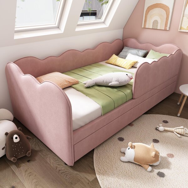 Upholstered Daybed with Pull-Out Trundle, Iron Frame and 2 U‑Shaped Bars, Bed Frame with Thick Foam Backrest, 197L x 99W x 70H cm, Pink Aosom UK