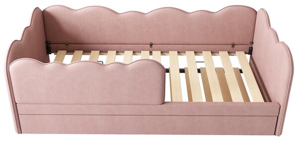 Upholstered Daybed with Pull-Out Trundle, Iron Frame and 2 U‑Shaped Bars, Bed Frame with Thick Foam Backrest, 197L x 99W x 70H cm, Pink Aosom UK
