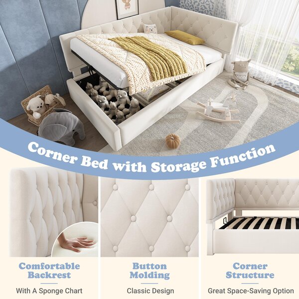 Daybed Upholstered Single Sofa Bed with Hydraulic Ottoman Storage, Bed Frame with Reversible Headboard, 196L x 100W x 77H cm, Beige Aosom UK