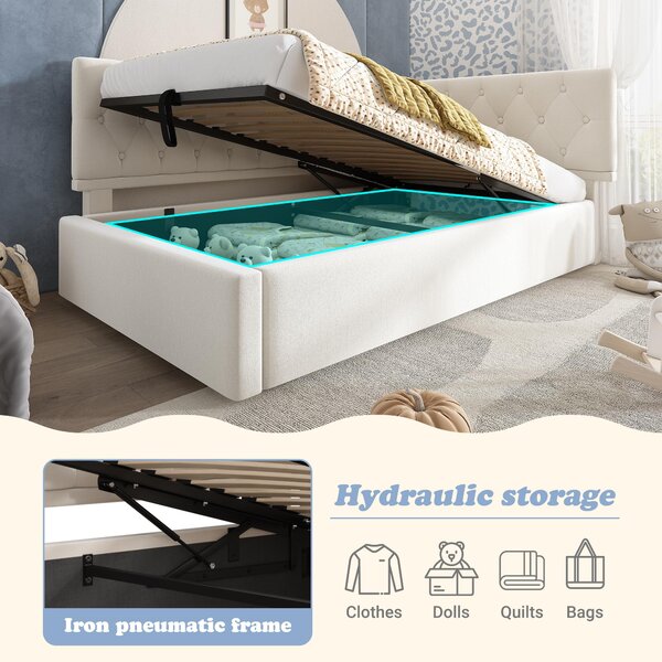 Daybed Upholstered Single Sofa Bed with Hydraulic Ottoman Storage, Bed Frame with Reversible Headboard, 196L x 100W x 77H cm, Beige Aosom UK