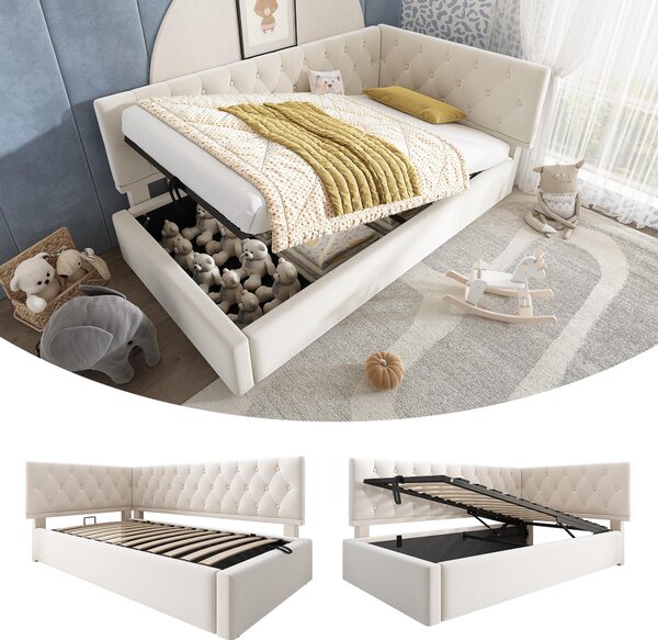 Daybed Upholstered Single Sofa Bed with Hydraulic Ottoman Storage, Bed Frame with Reversible Headboard, 196L x 100W x 77H cm, Beige Aosom UK