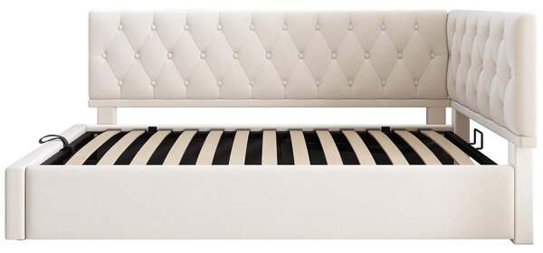Daybed Upholstered Single Sofa Bed with Hydraulic Ottoman Storage, Bed Frame with Reversible Headboard, 196L x 100W x 77H cm, Beige Aosom UK