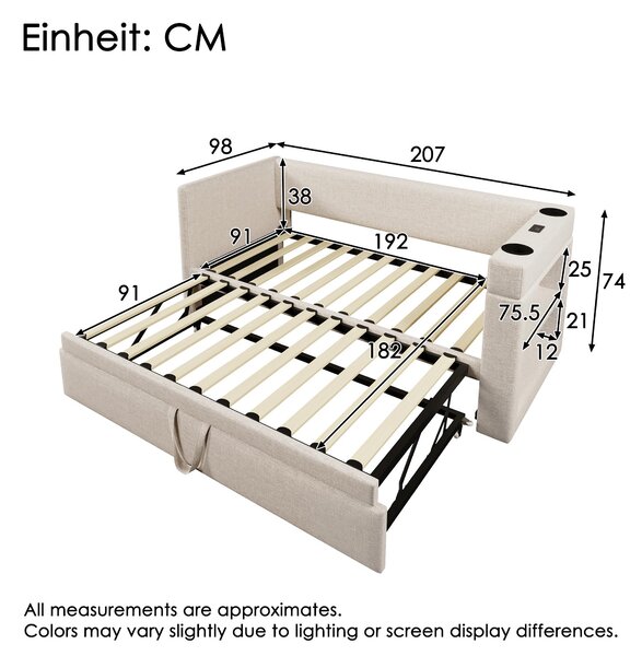 3ft Upholstered Daybed With Cup Holders, 3 USB and Type‑C Charging Ports, Single Sofa Bed for Compact Room, 207L x 98W x 74H cm, Beige Aosom UK