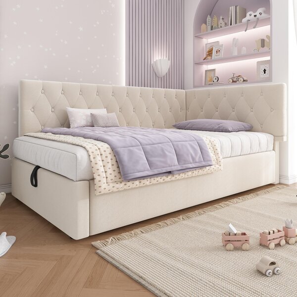 Daybed Upholstered Single Sofa Bed with Hydraulic Ottoman Storage, Bed Frame with Reversible Headboard, 196L x 100W x 77H cm, Beige Aosom UK